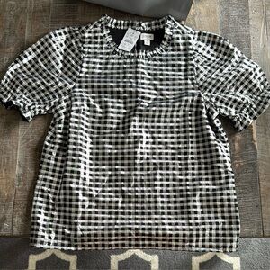NWT J Crew Factory Shiny Gingham Puff Sleeve Top Size Small